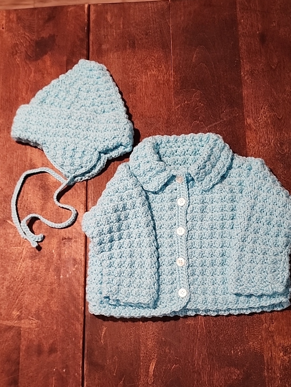 Hand Crafted Light Blue Crochet Baby Hat & Jacket Set